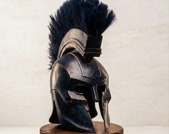 Spartan Corinthian Helmet, Ancient Warrior Metal Replica, Black Horsehair Crest, Antique Finish