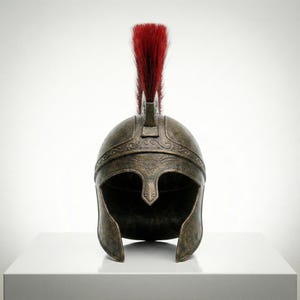 Handcrafted 18 gauge steel Odysseus Spartan helmet replica featuring a red crest plume.