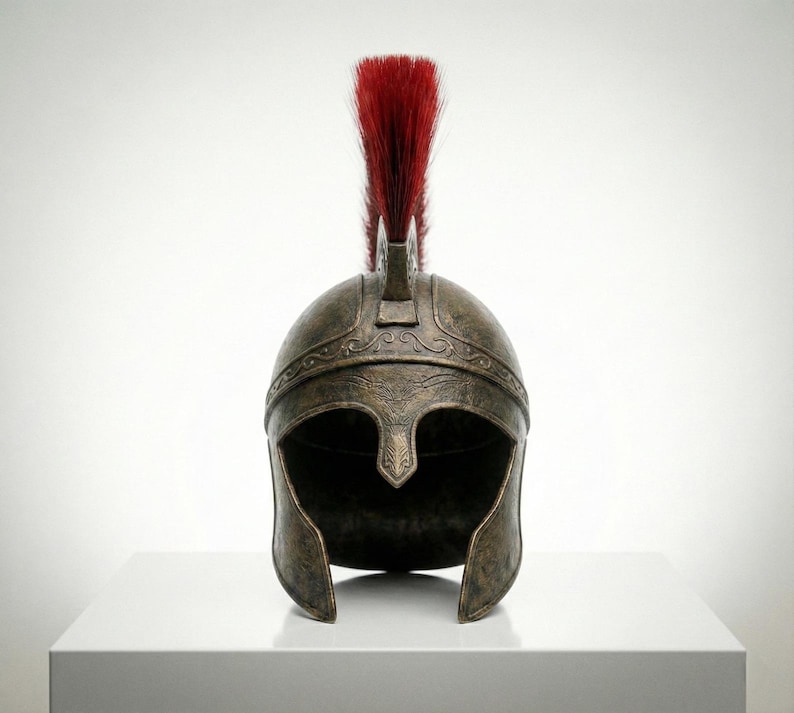 Handcrafted 18 gauge steel Odysseus Spartan helmet replica featuring a red crest plume.