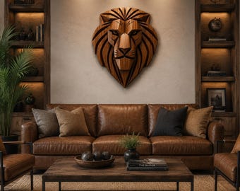 Hand Carved Wooden Lion Head Wall Decor, 3D Rustic Sculpture Home Art
