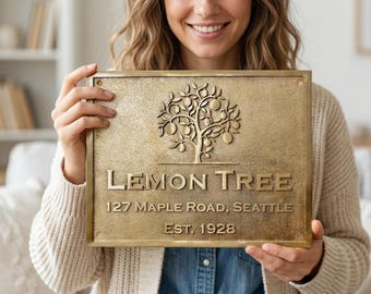 Custom Brass Address Plaque, Family Tree Estate Sign, Personalized Metal Nameplate