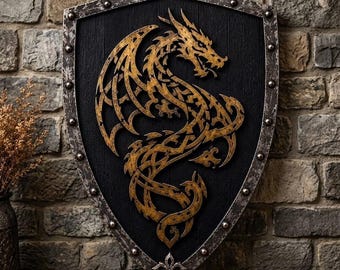 Handcrafted Wooden Dragon Shield – Medieval Viking Wall Art, Fantasy Decor