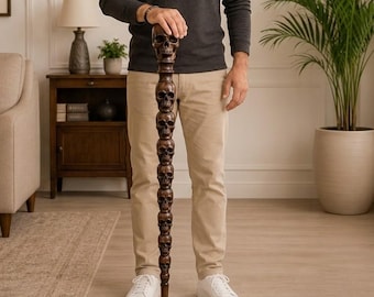 Hand Carved Skull Walking Cane, Gothic Wooden Wizard Staff, Medieval Cosplay Prop