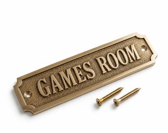 Custom Brass Games Room Sign, Personalized Metal Name Plate, Engraved Door Plaque