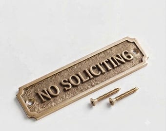 Solid Brass No Soliciting Sign, Engraved Metal Door Plaque, Home Office Entry Decor