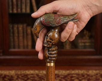 Hand Carved Wooden Eagle Skull Walking Cane, Gothic Walking Stick Handle