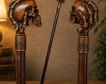 Hand Carved Skull Walking Cane, Gothic Wooden Walking Stick, Skeleton Hand Grip, Handmade Cane, Custom Size