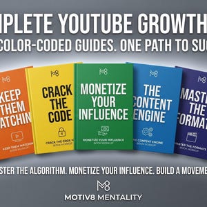 May include: A promotional image for "The Complete YouTube Growth Bundle" featuring seven color-coded guides. Each book has a different color and title, including "Stop the Scroll" and "Monetize Your Influence". The text also includes "Master the Algorithm."