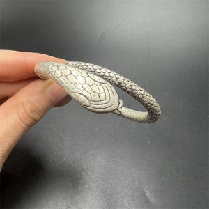 May include: Silver-toned snake bracelet. The bracelet features a detailed snake head with a textured, scale-like pattern on the body. The snake's head is the focal point, with a hexagonal pattern on the head.