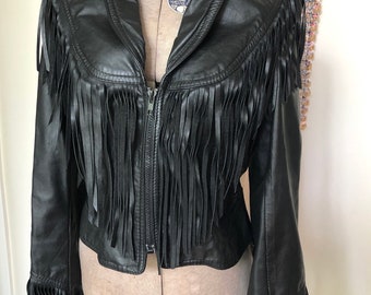 The Leather Ranch Fringed Black Woman’s 80’s Leather Jacket Western Style Cropped Jacket