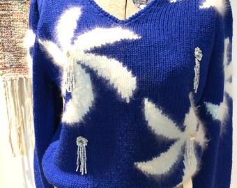 SALE Vintage Royal Blue Angora Design Christine Sweater Padded Shoulders 70s Beaded Pinwheels Sequences Size Small