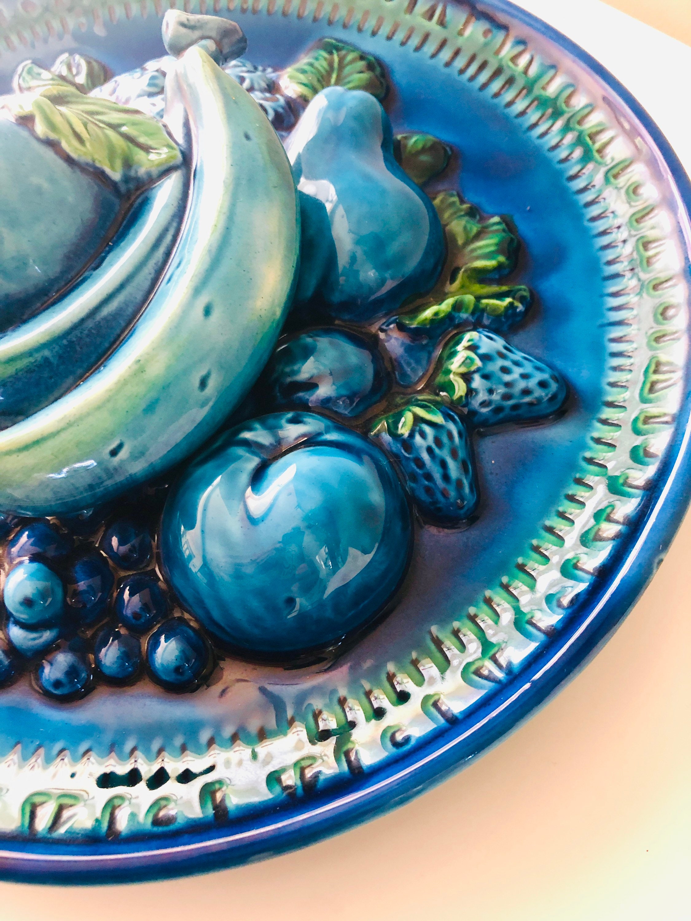 Vintage Giftcraft Indigo Blue Plate 3D Glazed Fruit Display