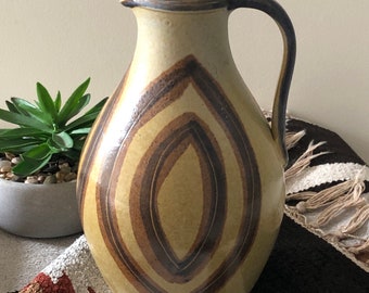 Vintage Pottery Jug Ceramic Signed Mid Century West Germany Earth-tones/Blue Handle