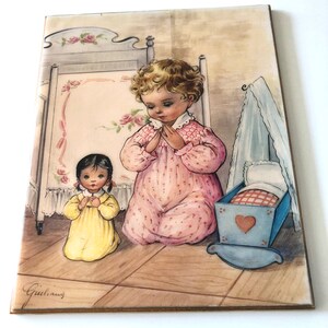 SALE Vintage Nursery Plaque Wall Hanging Girls Room Decor Praying Child With Doll Guillians Signature