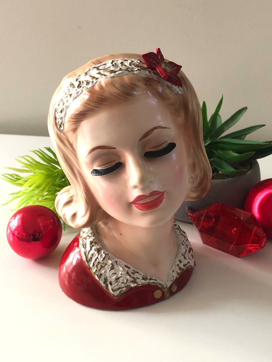 SALE Vintage Large Lady Head Vase Christmas 50s Japan Made 8 Etsy