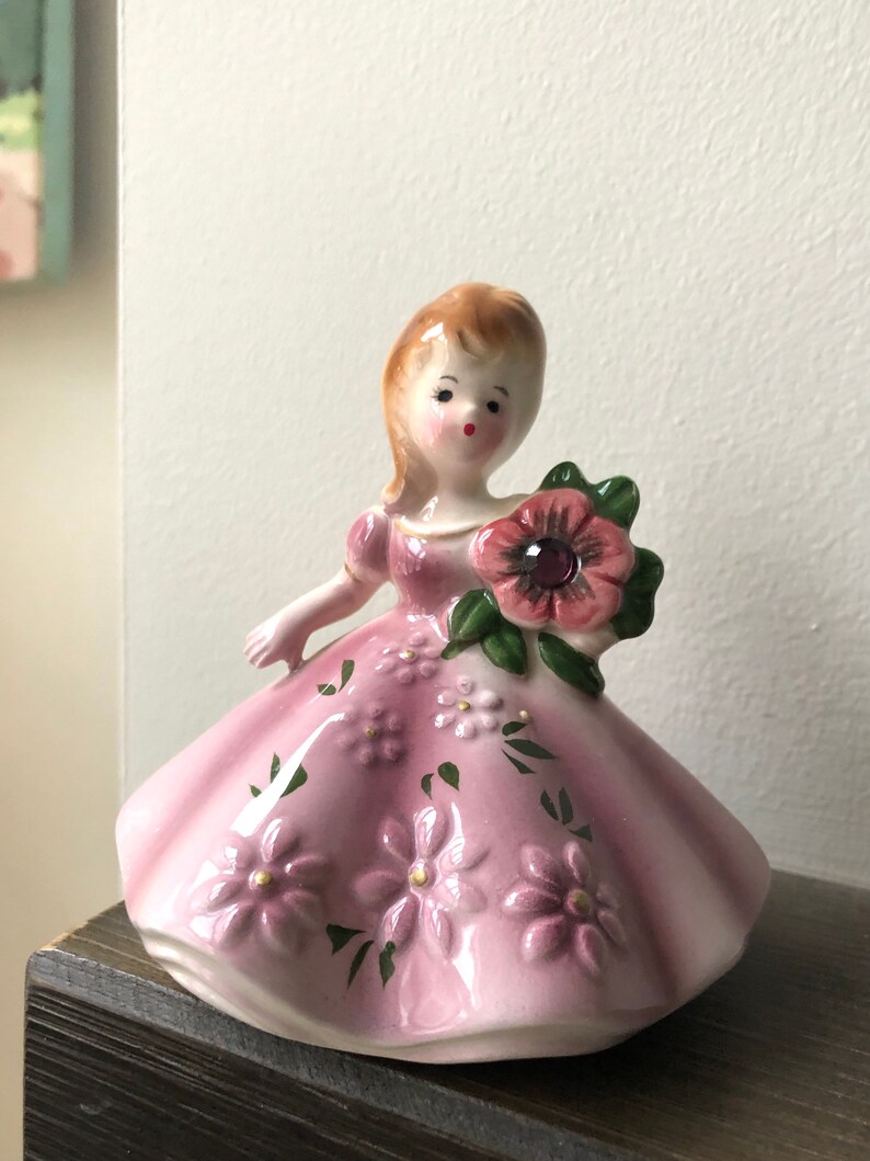 Vintage Josef Figurine Pink Dress Birthstone Japan Collectible 50s image 1