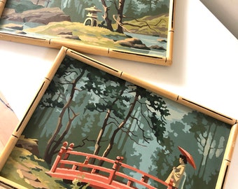 Vintage Pair Of Paint By Number Japanese Pagoda Pond Scene 70’s Original Bamboo Frames Stunning Pair Mid Century Wall Decor