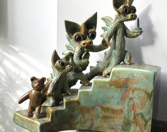 SALE Vintage YARE Designs Pottery England Winged Dragon Family Bedtime Staircase EXCELLENT!