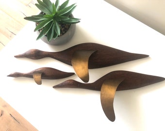 SALE Wooden/Copper Family Of Geese Handmade 3D Wings Signed By Artist Mid Century