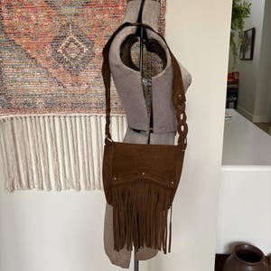 Vintage Suede Purse Dark Brown With Fringe Hippie Style Leather Bag