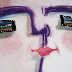 May include: An abstract illustration of a face with purple and pink hues. The eyes are framed by film strips, with green and blue irises. The lips are a bright red, and the overall style is reminiscent of a sketch.