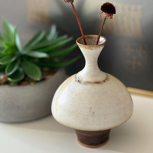 May include: A small, off-white ceramic vase with a mushroom-like form. The vase has a dark brown base and a narrow neck, holding two dried, dark red flowers. The vase is on a white surface, with a succulent plant in a grey pot in the background.