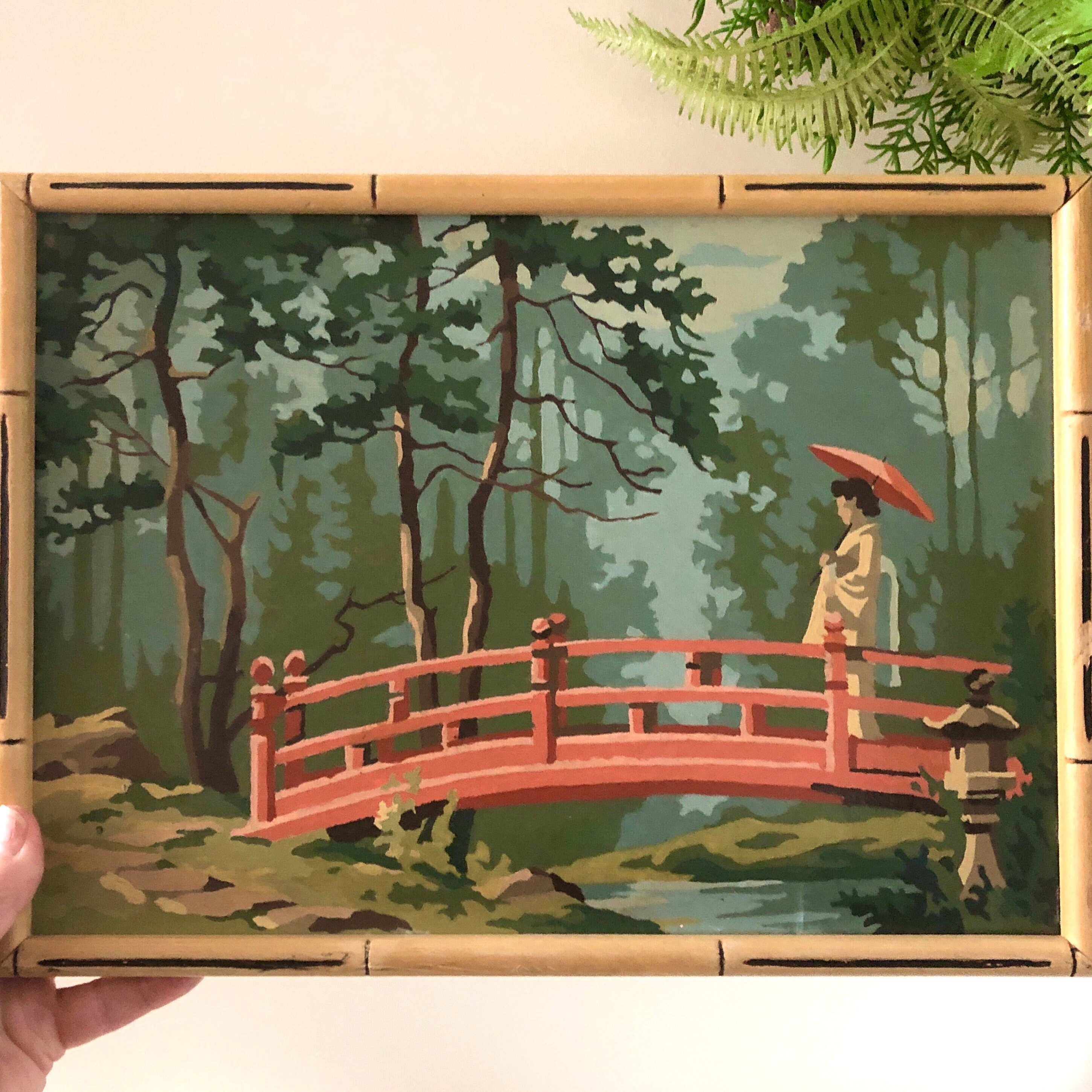 SALE Vintage Pair of Paint by Number Japanese Pagoda Pond