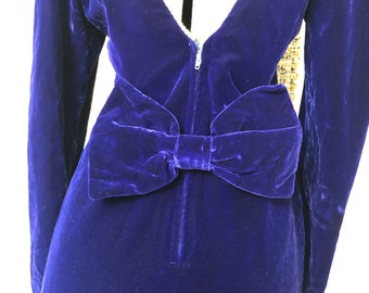 SALE Vintage ORITE Deep Blue Velvet Dress Rhinestones Large Bow Retro Classy Ladies Fashion 80's Size 9/10 Made In Canada