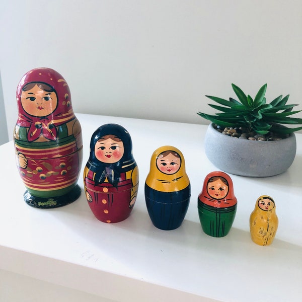 Vintage Nesting Doll Handmade Wooden USSR Folk Dolls Farmhouse Decor *Free Shipping With Second Purchase*