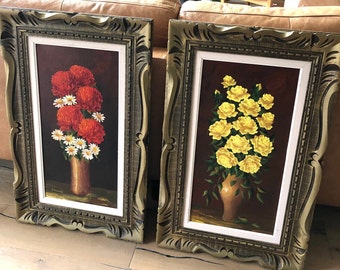 2 Signed COLLINS Antique Oil PAINTING On Canvas Floral Flowers In Vase Ornate Frames “Choose One”