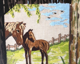 Vintage 70’s Horse Crewel Embroidery Farmhouse Decor Rustic Decor Framed