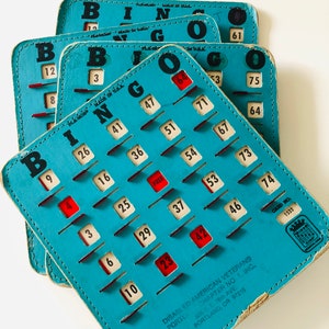 1 vintage BINGO Card Retro Game 40/50's Movie Prop Aqua Blue vintage Decor * Ce prix est pour UNE carte de bingo *