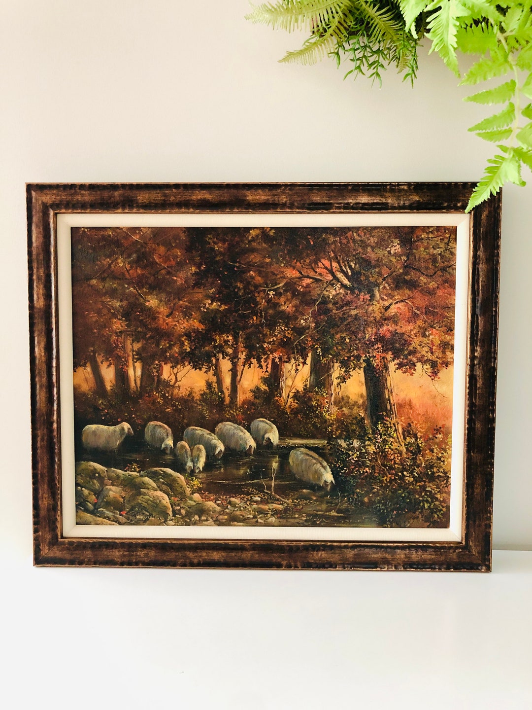 Original Signed Oil Painting Scenic Creek With Sheep Copper/bronze