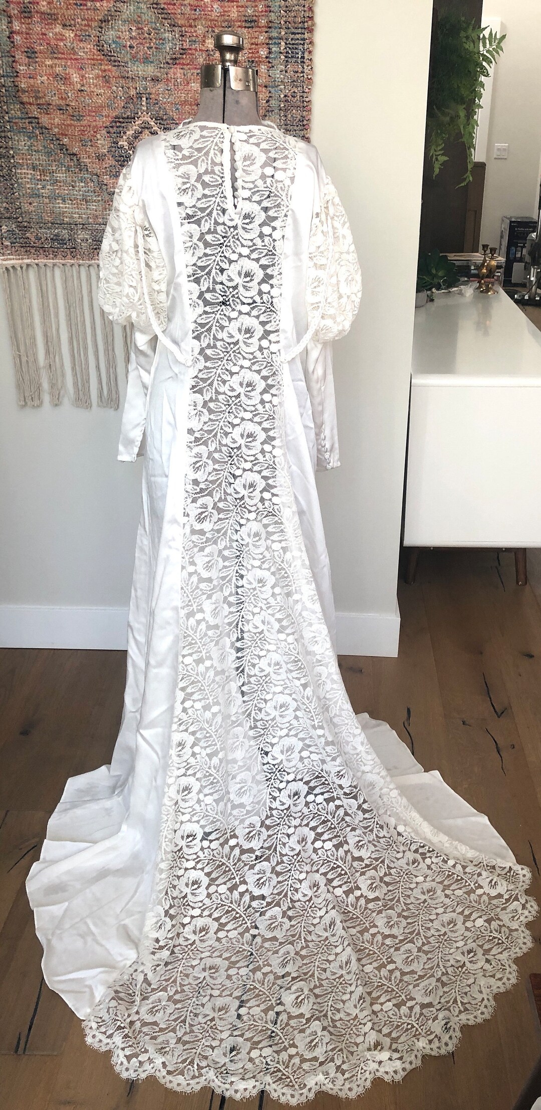 STUNNING Edwardian/victorian Style Satin Wedding Dress With Lace Trail - Etsy STUNNING Edwardian/victorian Style Satin Wedding Dress With Lace Trail - Etsy