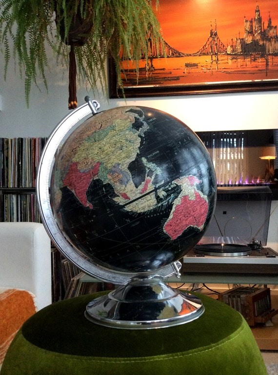 Vintage Black Globe World 1960 Replogle Mid Century Retro