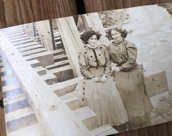 Vintage 1909 Ladies Sitting On Wooden Bridge Trestle Sepia Photo Postcard Ephemera