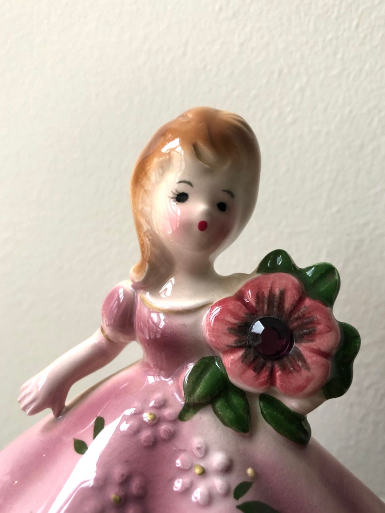 Vintage Josef Figurine Pink Dress Birthstone Japan Collectible 50s image 2