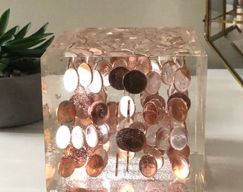 Lucite Penny Cube Sculpture 1867-1967 Monumental Historical Canadian Pennies Modern Decor