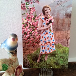 Vintage French Postcard 1930 Lady with Flowers Ephemera