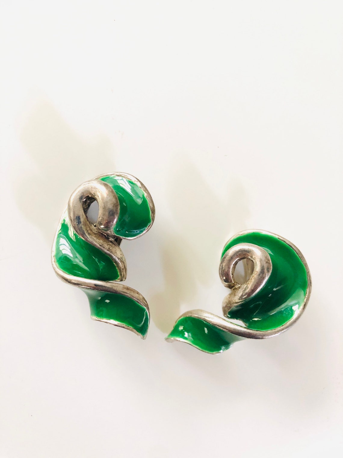 Vintage Clip on Earrings Green and Silver Tone Mod Style Etsy UK