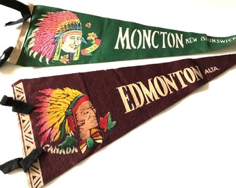 Vintage Felt Pennants Moncton New Brunswick Or Edmonton, Alberta Chief Heads Collectible Souvenirs 50s Banner *Price Is For One*