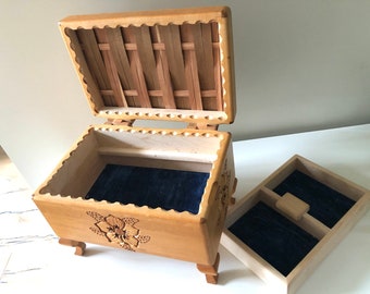SALE Vintage Jewelry/Sewing/Cigar/Storage Box Hand Crafted/Carved Four Legged Stunning Wood Design Velvet Lining