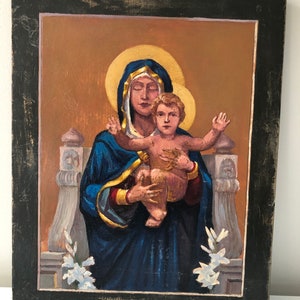 Vintage Madonna Plaque Antique Virgin Mary with Baby Jesus Hand Painted