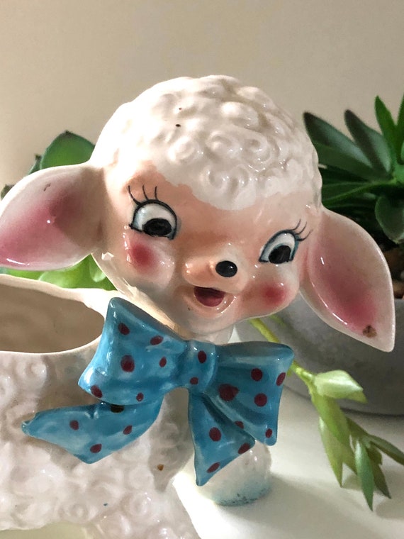 Vintage Nursery Accents Baby Lamb Planter Figurine Japan 60s