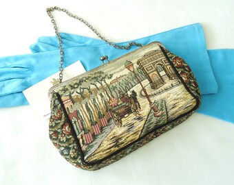 Vintage Tapestry Purse Hand Bag English Old Traditional Theme Antique