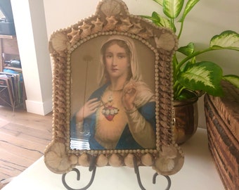 VENTE vintage Art cadre coquillage avec la Vierge Marie sacré-cœur religieux spirituel dévotion décoration d'intérieur milieu du siècle