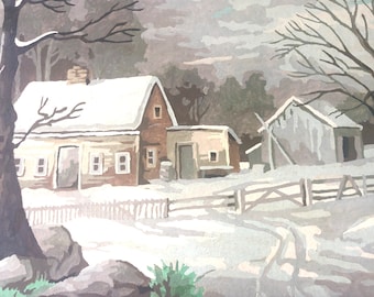 Paint By Number Original 60’s Framed Farmhouse Decor/Retro/Mid Century/Cottage Chic Decor Winter Scene