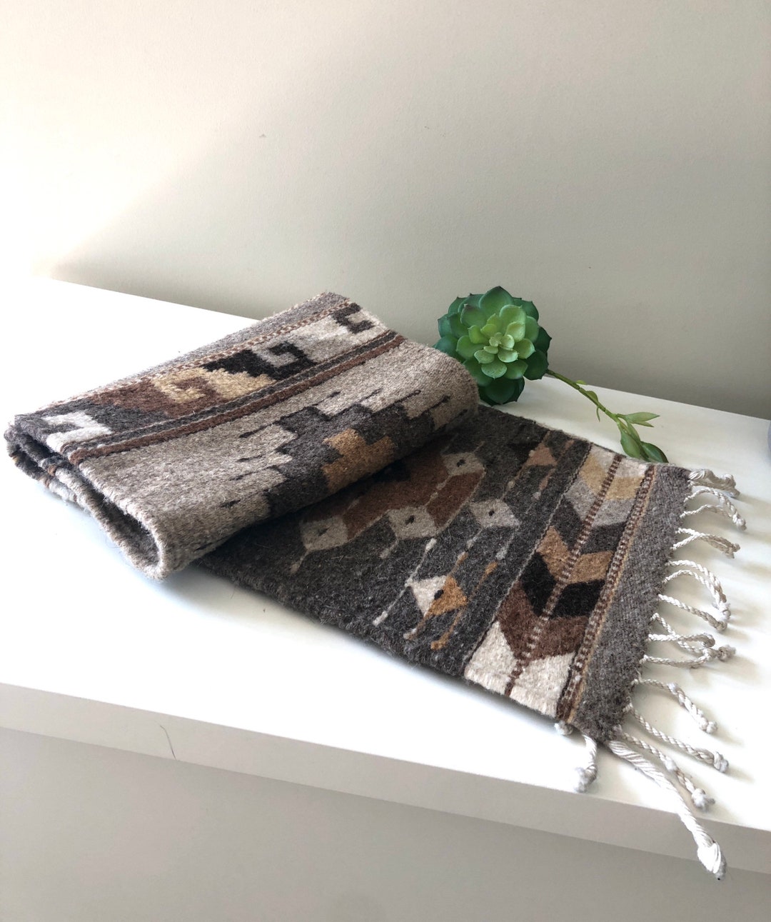 Vintage Earthtone Table Runner Wool Aboriginal Design or Turkish Style