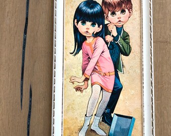 Adorable BIG EYE Girl And Boy Dancing Record Player By Lee 60’s Framed 16 “ x 7 “