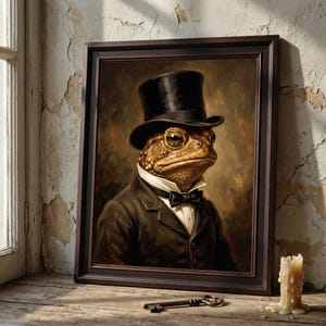 May include: A framed oil painting depicting a toad wearing a black top hat, a dark brown suit jacket, a white collared shirt, and a black bow tie. The portrait features a brown, textured background and is set within a dark brown wooden frame.